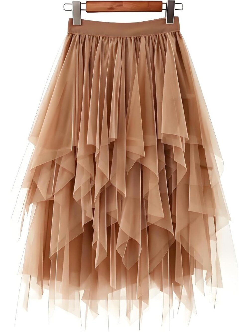 Women's Brown High Waist Layered Tulle Mesh Ruffle Asymmetric Hem Midi Skirt